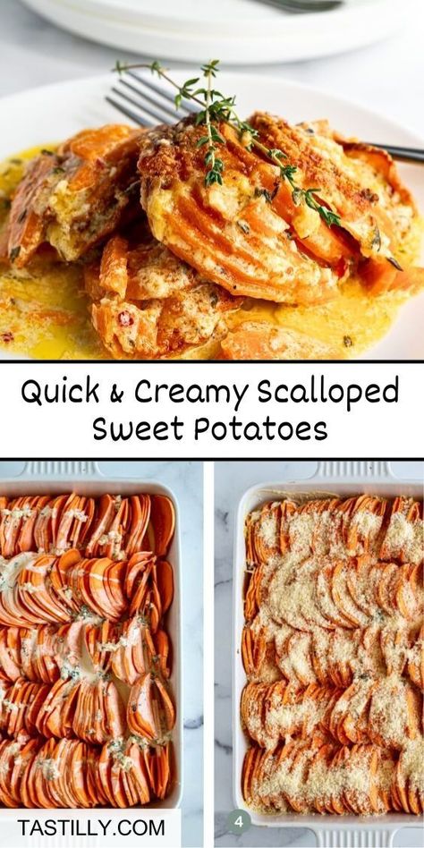 Give your regular scalloped potato dish a sweet twist by using sweet potatoes. Scalloped Sweet Potatoes have a rich and creamy garlicky base and a crispy cheesy Parmesan top! Pioneer Woman Sweet Potatoes, Sweet Potato Side Dishes, Potatoes Scalloped, Scalloped Sweet Potatoes, Easy Honey Garlic Chicken, Sweet Potato Side Dish, Sweet Potato Sides, Scalloped Potato, Potato Side Dish