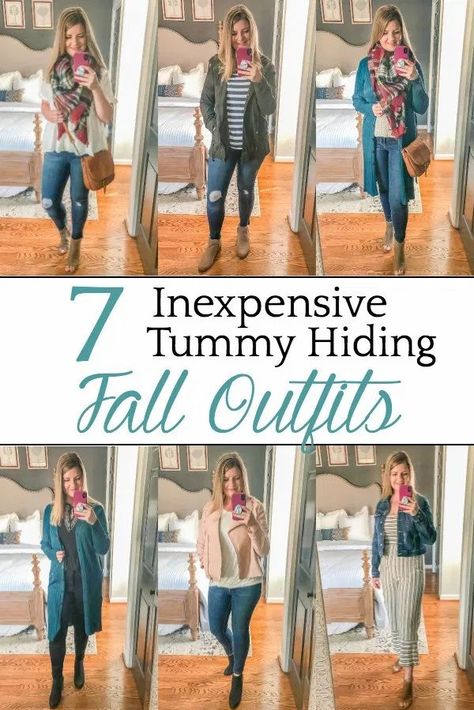 7 Inexpensive Tummy Hiding Fall Outfits | 7 fall outfit ideas and tummy pooch hiding tricks for postpartum / post-menopausal bodies, plus fashion staples that can be mixed and matched. Flattering Mom Outfits, How To Style Mom Pooch, How To Dress A Mom Pooch, Flattering Postpartum Outfits, Mommy Tummy Outfits, Outfits For Belly Pooch, How To Dress Postpartum Belly, Fall Outfits Apple Shape, Plus Size Postpartum Outfits