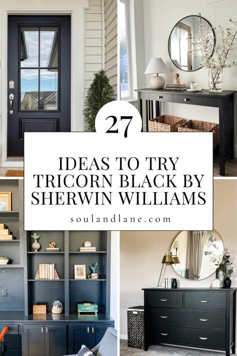 Consider painting your front door with this striking hue for a welcoming entrance that makes a statement. Transform your living room or bedroom into a dramatic retreat by accentuating one wall as a focal point. In the kitchen, Tricorn Black cabinets can create a sleek, modern look that pairs beautifully with marble countertops and metallic accents. For a cozy yet chic atmosphere, apply it to your fireplace surround, turning a traditional feature into a contemporary masterpiece. Tricorn Black Fireplace, Tricorn Black Cabinets, Colors That Go With Tricorn Black, Black Panel Bedroom, Painting Your Front Door, Black Exterior Doors, Tricorn Black, Neutral Holiday Decor, Pitched Ceiling