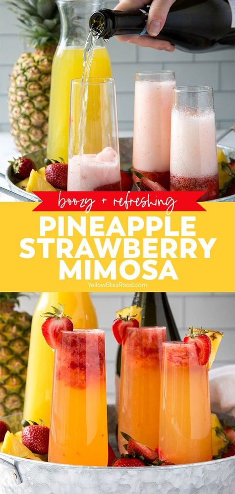 Strawberry Mimosas, Strawberry Mimosa, Mimosa Recipe, Cinnamon French Toast, Pineapple Strawberry, Brunch Drinks, Yummy Alcoholic Drinks, Mixed Drinks Recipes, Birthday Brunch