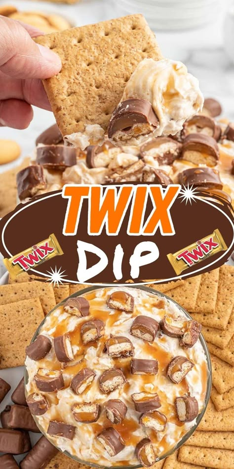 Easy Twix Dessert, Easy Dips For Bbq, Candy Bar Dip, Recipes For Birthday Parties, Easy Dips For Work Party, Cookie Dough Cheeseball, Kit Kat Dip, Twix Cookie Bars, Dessert Dips For Parties Christmas