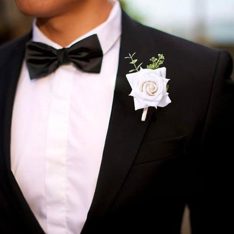 Elegant White Rose Groom and Groomsmen Boutonniere Groom Boutonniere White, Black Tux Groom, Spray Roses Boutonniere, Boutonniere White, Groom Flower, White Rose Boutonniere, Grooms Boutonniere, Boutonnieres Prom, Bridesmaid Corsage