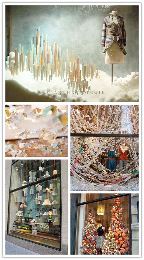 rom paper airplanes made of vintage maps to various honeycomb paper forms, I think the biggest influential part of Anthro is that they always succeed in surprising the passerby with the depth of detail and the unexpected use of materials in the display. Anthropologie Displays, Anthropologie Window Display, Anthropologie Display, Tv Nook, Anthropologie Christmas, Holiday Window Display, Decoration Vitrine, Store Window Displays, 3 Dogs