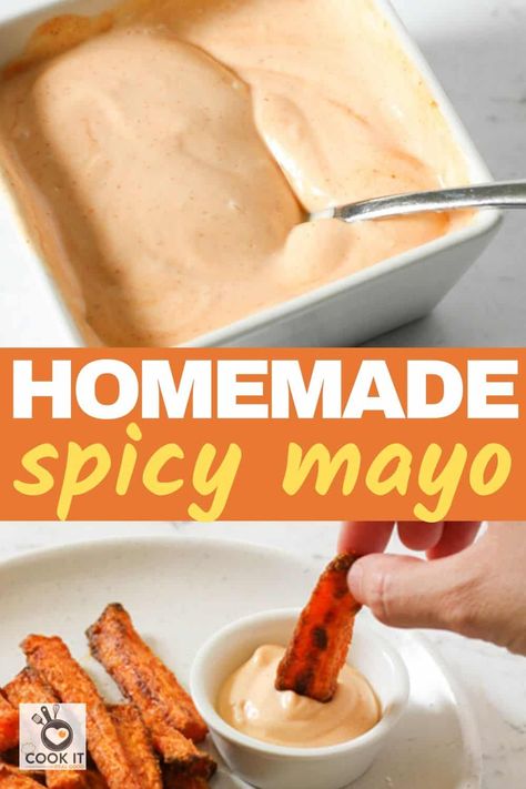 Spicy Mayonnaise, or sriracha mayo, is so simple and easy to make at home and can be used in so many ways.  Spicy Mayo Sauce can be used for dipping fries into, slathering on burgers or serving with sushi.  You'll be making this healthy DIY spicy mayo again and again. Yam Fries Dip, Easy Spicy Mayo Recipe, Healthy Spicy Mayo, Sweet Potato Dipping Sauce, Sweet Potato Fries Dipping Sauce, Sriracha Mayo Recipe, Sriracha Mayo Sauce, American Food Recipes, Keto 2023