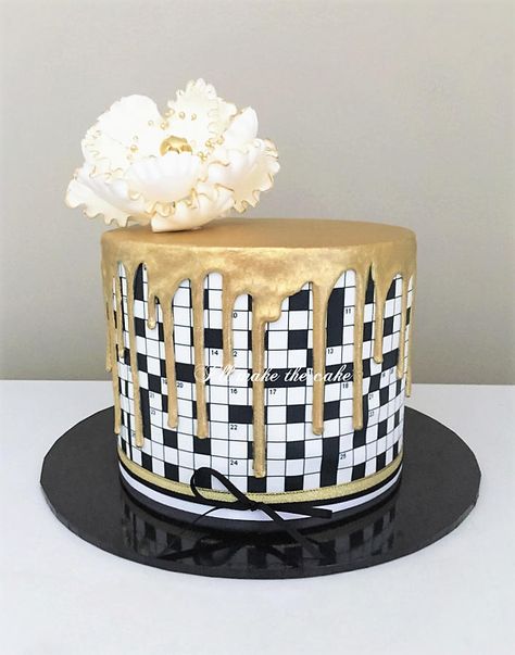 Gold Drip crossword cake! Chocolate mud cake with chocolate baileys Irish cream ganache. Thanks to Dina from Zahari for the amazing edible image. Crossword Cake, Filled Chocolate Cake, Edible Photo Cake, Edible Print Cake, Cream Ganache, Cookies Photo, Modern Birthday Cakes, Chocolate Baileys, Chocolate Mud Cake