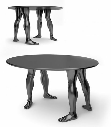 “Human table” this is a table with legs, literally. The shape of the legs are designed to look like real human legs. The table top itself is an oval shape, still flat and even. Its texture is something shiny like metal, a black metal. Osborne And Little Wallpaper, Human Legs, Weird Furniture, Walkway Design, Circle Table, Cool Tables, Cool Products, Life Form, Clever Design