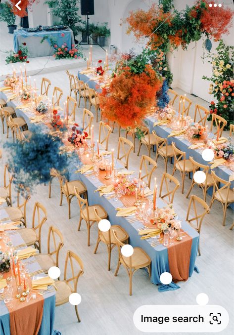 Orange And Blue Wedding Decorations, Blue And Orange Beach Wedding, Blue And Orange Event Decor, Dusty Blue And Orange Wedding Theme Table Settings, Elemental Wedding Theme, Light Orange And Blue Wedding, Pastel Blue And Orange Wedding, Orange And Blue Wedding Colors Colour Palettes, Sky Blue And Orange Wedding