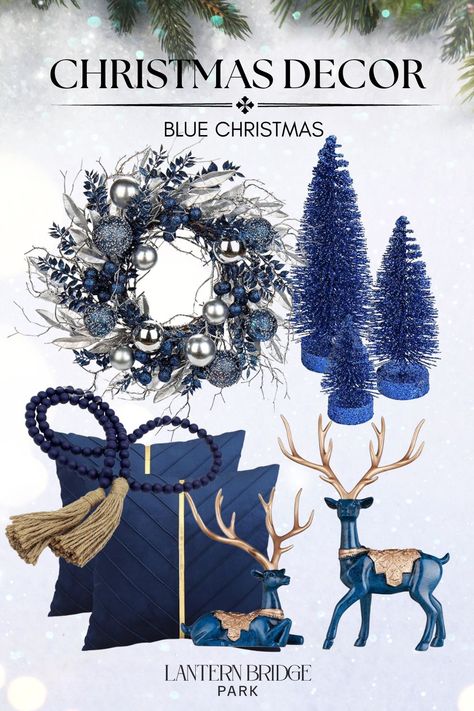 Navy Blue Xmas Decor, Royal Blue And Gold Christmas Decor, Blue Sliver White Christmas Tree Decor, Blue Christmas Kitchen Decor, Dark Blue And Gold Christmas Tree, Blue Silver Gold Christmas Decor, Blue And Bronze Christmas Tree, Navy And Gold Christmas Decor, Christmas Aesthetic Blue