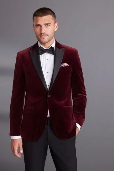 Velvet Dinner Jacket, Slim Fit Blazer, Wedding Suits Groom, Dinner Jacket, Slim Fit Blazers, Tuxedo For Men, Peak Lapel, Red Blazer, Velvet Blazer