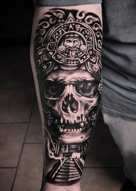 50+ Best Aztec Tattoos With Deep Meaning - InkMatch Aztec Skull Tattoo, Tattoos With Deep Meaning, Aesthetic Skull, Aztec Warrior Tattoo, Japanese Tattoos For Men, Tattoo Realism, Chicago Tattoo, Mayan Tattoos, Aztec Tattoos