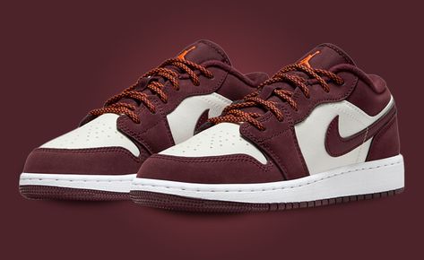 Jordan Brand has big plans for the Air Jordan 1 Low, launching a variety of grade school-exclusive colorways including the upcoming Phantom Night Maroon. Maroon Jordans, Jordan 1 Low Mocha, J1 Low, Jordan 1 Lows Red, Jordan Maron, Red Low-top Leather Jordan Shoes, Aj1 Low, Nike Air Jordan 1 Low, Jumpman Logo