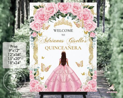 EDITABLE TEMPLATE Pink Floral Roses Butterflies Quinceañera Vintage Gold Welcome Sign Princess Dress Mis Quince XV 15 Sweet 16 Birthday QC24 Sweet 16 Welcome Sign, Gold Welcome Sign, Quinceanera Party, 16 Birthday, Sweet 15, Sweet 16 Birthday, 16th Birthday, Quince, Editable Template