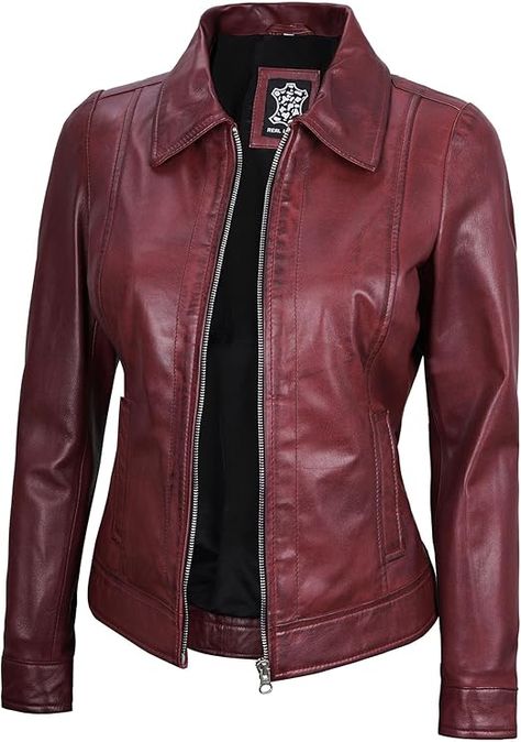 Decrum Womens Leather Jacket - Real Lambskin Trucker Style Leather Jackets for Women at Amazon Women's Coats Shop Peplum Leather Jacket, Asymmetrical Leather Jacket, Maroon Leather Jacket, Varsity Jacket Women, Distressed Leather Jacket, Shirt Collar Styles, Pink Leather Jacket, Green Leather Jackets, White Leather Jacket