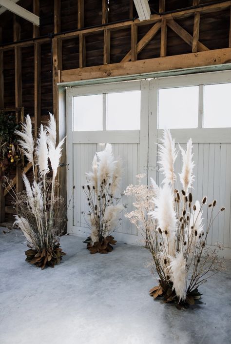 Metal Shop Wedding Reception, Dried Eucalyptus Arrangement, Boho Window Display, Boho Wedding Table Setting, Lash Suite, Diy Pampas, Brown Weddings, Chair Flowers, Shed Wedding