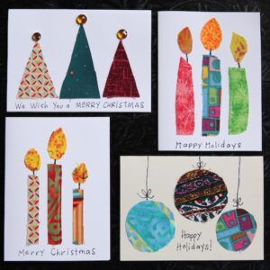 Fabric Scrap Christmas Cards - Happy Hooligans Greeting Cards With Fabric, Fabric Christmas Cards To Make, Fabric Scrap Christmas Crafts, Make Christmas Cards With Kids, Fabric Postcards Christmas, Handmade Christmas Cards Using Fabric, Fabric Scrap Christmas Cards, Christmas Fabric Scraps Crafts, Sew Christmas Cards