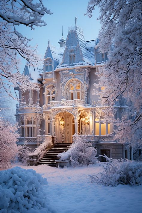 A captivating winter wallpaper featuring a serene snow-covered forest, evoking the tranquil beauty of the season. Winter Palace Aesthetic, Snow Mansion, Winter Mansion, Nice Big Houses, Photo Booth Props Template, Winter Court, Winter Castle, Story Settings, Castle Exterior