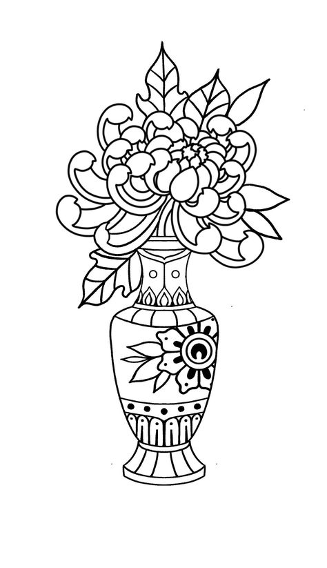 Traditional Vase With Flowers Tattoo, Vase Tattoo Color, Vase Traditional Tattoo, Vase Tattoo Traditional, Vase Tattoo Simple, Traditional Vase Tattoos, Vase Tattoo Design, Vase Tattoos, Traditional Back Tattoo