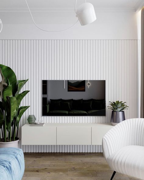 Minimal Tv Wall Design Living Room, White Wood Panneling Rooms, White Wall Paneling Living Room, Vj Panelling Living Room Tv, White Paneling Walls Living Room, Fluted Tv Wall, Fluted Wall Panel Living Rooms, White Fluted Panel, White Slat Wall