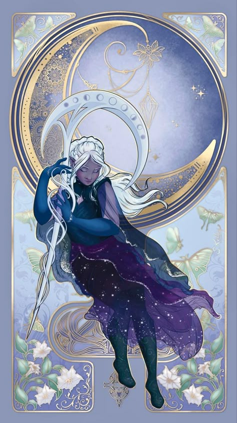 Druid Of The Moon, Water Priestess Art, Moon Sorcerer Dnd, Astral Elf Cleric, Moon Warrior Female, Circle Of Stars Druid Dnd Female, Selune Cleric Character, Moon Fantasy Outfit, Drow Cleric Eilistraee