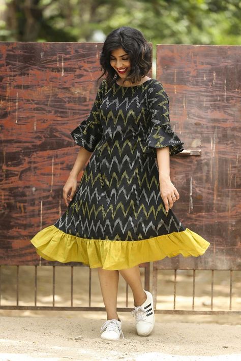 Black Ikat Zig Zag Ruffled Dress Black Ikkat Kurti Designs, Ikkat Dresses Designs, Kalamkari Dresses, Ikkat Dresses, Casual Frocks, Frock Fashion, Ikat Dress, Frock For Women, Long Kurti Designs