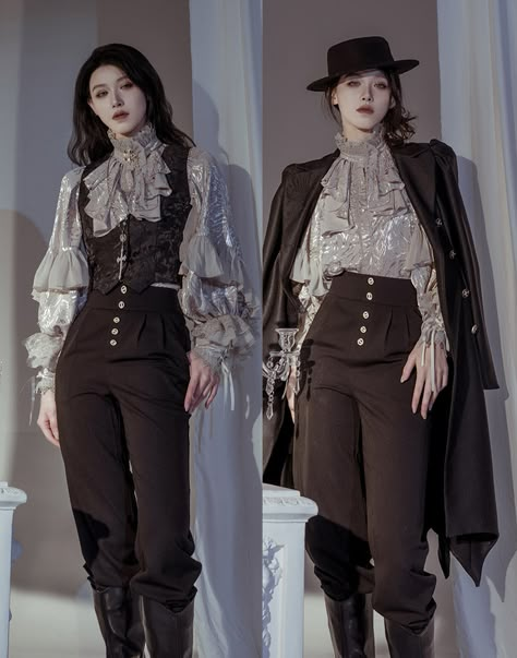 Aesthetic Steampunk Outfit, Fashion Walk Outfits, Seven Point Outfit, Dress And Suit Combo, Villainess Aesthetic Outfit, Old English Aesthetic Clothes, Black Fantasy Clothes, Womens Steampunk Outfit, Outfit Inspo Nonbinary