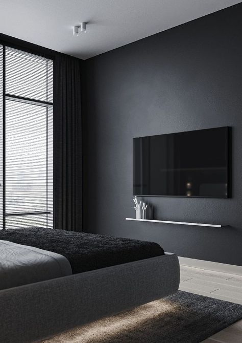 Black Color Interior Design, Dark Grey Bedroom Inspirations, Black Minimalistic Room, Monochrome Room Ideas, Room Color Ideas Dark, Black And Grey Room Aesthetic, Bedroom Ideas For Small Rooms Black, Room Ideas Black And Grey, Interior Room Design Bedrooms