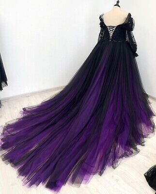 Black And Purple Gothic Wedding Dresses, Dark Purple Victorian Dress, Black And Dark Purple Wedding Dress, Celestial Themed Wedding Dress, Witch Ball Gown, Purple Gothic Wedding Dress, Purple Homecoming Dress Long, Black And Purple Clothes, Dark Purple Fantasy Dress