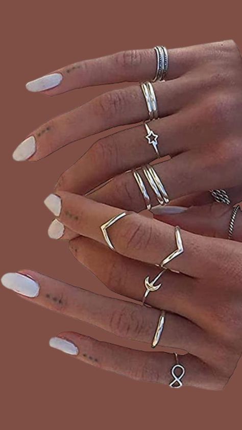 Cheap Trendy Silver Rings, Rings For Thumb For Women, Pointer Finger Rings For Women, Rings On Every Finger Aesthetic, Knuckle Rings For Ladies, Silver Rings For Middle Finger, Full Finger Rings Silver, Layered Rings Silver Grunge, Skater Girl Aesthetic