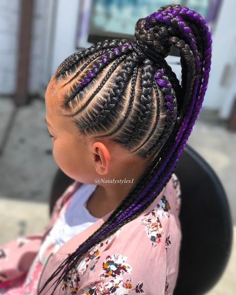 Black and purple braids. Purple Braids For Kids, Pheobe Hair, African Braids Hairstyles For Kids, Black And Purple Braids, Braid Business, Cornrow Ponytail Hairstyles, African American Kids Hairstyles, Braids Hairstyles For Kids, Cornrow Ponytail Styles