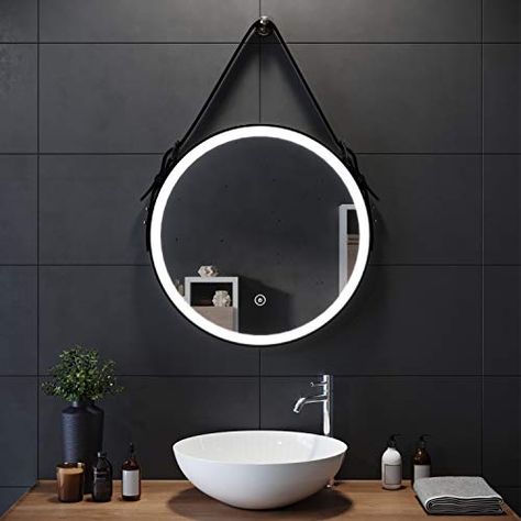 Bathroom Mirrors Uk, Round Bathroom Mirrors, Light Bathroom Mirror, Mirrors With Leather Straps, Led Light Bathroom, Small Attic Bathroom, Timber Wall Panels, Mirrors Design, Black Bathroom Mirror