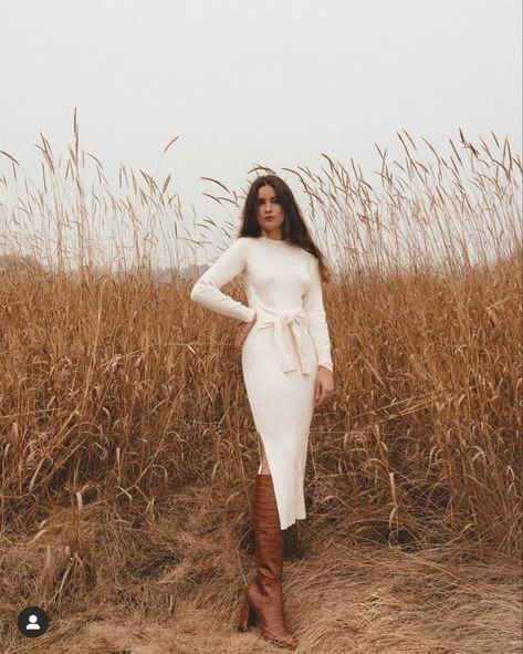 Long Dress With Boots, Fall Fashion Photoshoot, White Sweater Dress Outfit, Sarah Christine, Croc Boots, Sarah Butler, Brown Boots Outfit, Knee Boots Outfit, Thanksgiving Outfit Ideas