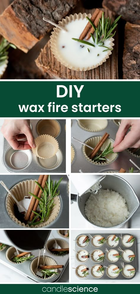 Start a cozy fire this winter with these simple-to-make wax fire starters. These are a great project for repurposing leftover wax, wick trimmings, and paper towels from candle making. Christmas Fire Starters, Fire Starter Candles, How To Make Scented Fire Starters, Candle Making With Leftover Candles, Fun Candle Making Ideas, Wax Gifts For Him, Soy Wax Crafts, Soy Fire Starters, Wax Fire Starters How To Make