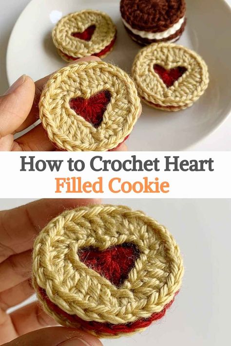 Heart Cookie Crochet Pattern, Cookies Crochet, Granny Square Häkelanleitung, Stitch Family, Crocheted Toys, Filled Cookies, Valentines Crochet, Toy Crochet, Crochet Food