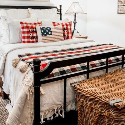 THE PATRIOTIC PORCH | Shop Sales Events Antique Farmhouse Americana Blanket, Americana Bedroom, Patriotic Room, Patriotic Bedroom, Everything Red, Patriotic Porch, Comfy Bedroom, Blue Throws, Americana Decor