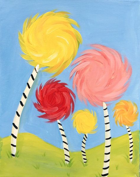 Creatively Kids: Truffula Trees *NEW* | Creatively Uncorked Wacky Painting Ideas, Cute Colorful Painting Ideas, Easy Spring Painting Ideas, Truffula Trees Painting, Paint Day Ideas, Dr Seuss Painting, Easy Kids Canvas Painting Ideas, Lorax Painting Ideas, Lorax Trees Painting