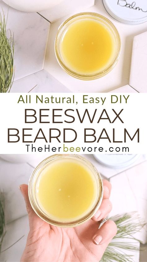 This homemade DIY beeswax beard balm is a hydrating and moisturizing balm for any facial hair which conditions for an all-natural shine.  Made with beeswax, oils, and shea butter, this is one balm that you can use day after day. Beard Balm Recipe, Diy Beard Balm, Beeswax Recipes, Goat Soap, Diy Beard, Balm Recipe, Beard Wax, Salve Recipes, Hand Salve