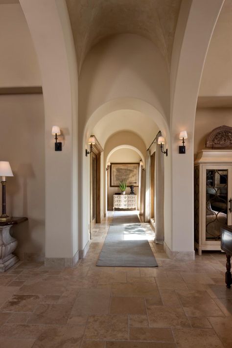 Mediterranean Entryway, Bloxburg Interior, Villa Ideas, Stone Archway, Rustic Mediterranean, Storage Inspiration, Casas Coloniales, Foyer Decorating, Entry Hallway