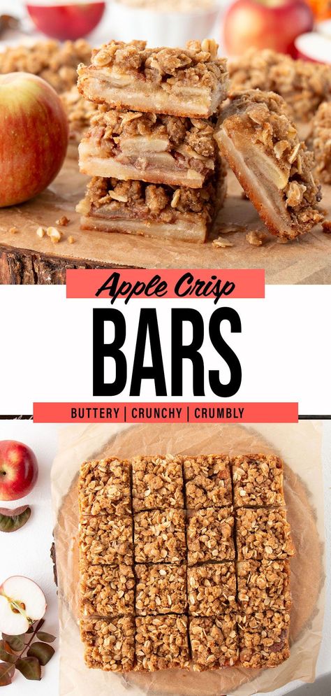 With a buttery shortbread crust, spiced apple filling, and a crunchy oat topping, these apple crisp bars are a fun and irresistible dessert that is sure to become a seasonal favorite! Apple Crisp With Shortbread Crust, Apple Crisp Bars With Oats, Autumnal Baking, Apple Crisp Bars, Apple Crisp Bars Recipe, Squares Recipes, Apple Sandwich, Buttery Shortbread, Square Recipes