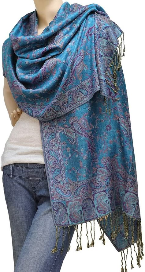 Falari Women's Woven Paisley Pashmina Shawl Wrap Scarf 80" x 27" (Style 1 - Turquoise) at Amazon Women’s Clothing store Pashmeena Shawl, Kashmir Embroidery, Fit School, Pashmina Style, Shawl Outfit, Hijab Inspiration, India Shopping, Paisley Shawl, Dresses Traditional