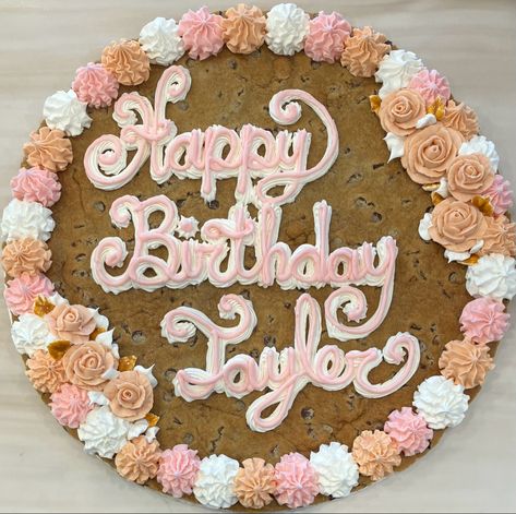 Preppy Birthday Cookie Cake, Boho Cookie Cake, Cookie Cake Inspo Birthday, Wilton Number Cake Pan, Pretty Cookie Cake, Girly Cookie Cake, 18th Birthday Cookie Cake, Happy Birthday Cookie Cake Designs, Decorated Cookie Cake Birthday