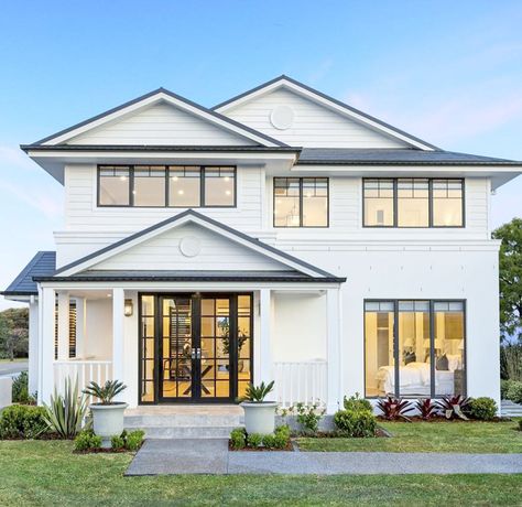 Irene & Dan on Instagram: “Our facade inspo is basically a white Hamptons style house with dark roof and black window frames. I’ve had these exterior pics saved in my…” House Black Trim, House Facades Australia, White House Black Trim, Hamptons Style House, Rawson Homes, Hamptons House Exterior, Brick Feature Wall, Hamptons Style Homes, Hamptons Style Home