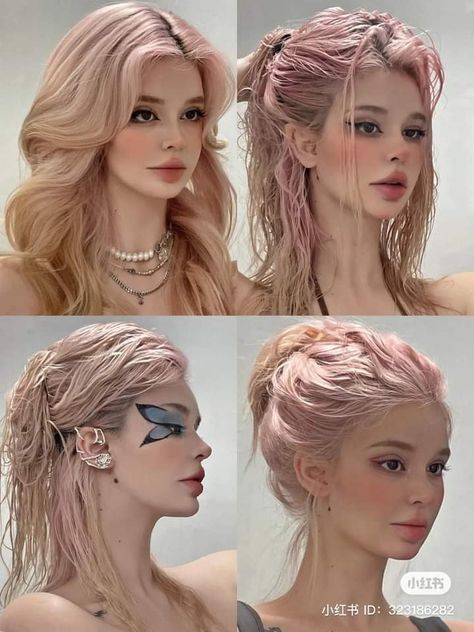 Hairstyle For Middle Hair, Genshin Inspired Hair, Sirencore Hairstyles, Light Academia Hairstyle Long, Princesscore Hairstyles, Chinese Fantasy Hairstyle, Hair Style Korea, Hair Color Options, Kawaii Hairstyles