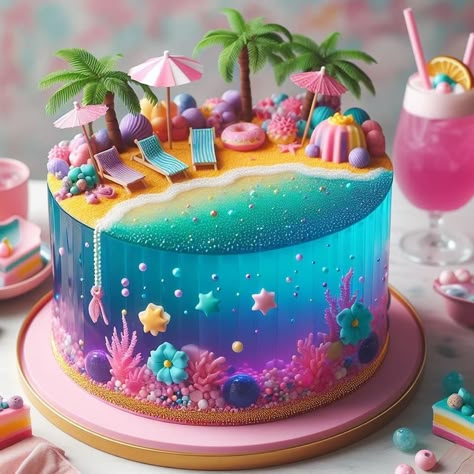 Beach Cake, Ocean Cakes, Beach Cakes, Creative Cake Decorating, Summer Cakes, Creative Birthday Cakes, Crazy Cakes, Pretty Birthday Cakes, Cute Birthday Cakes