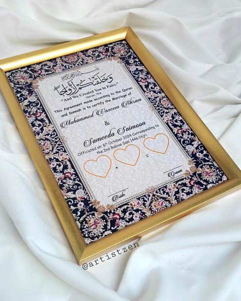 Personalised Nikah Certificate 💫 . . #nikahframes #printednikahcertificate #frames #islamicart Nikah Certificate, Personalized Wedding Frames, Border Designs, Wedding Frames, Wedding Collection, Calligraphy Art, Border Design, Bridal Dress, Wedding Card