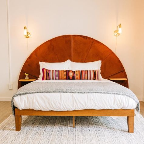 Round Wooden Headboard, Article Bed Frame, Mid Century Bed Frames, Half Circle Headboard Wood, Headboard Mid Century Modern, Mid Century Modern Headboards, Mid Century Modern Headboard Diy, Article Headboard, 70s Bed Frame