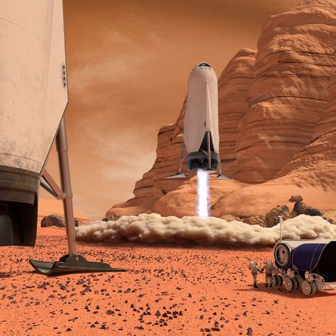 SpaceX downscaled ITS spaceship landing on Mars Spaceship Landing, Mars Station, Mars Vehicle, Space Architecture Mars, Futuristic Mars Colony, Spacex Starship, Art Movies, Astronomy Facts, Mars Exploration