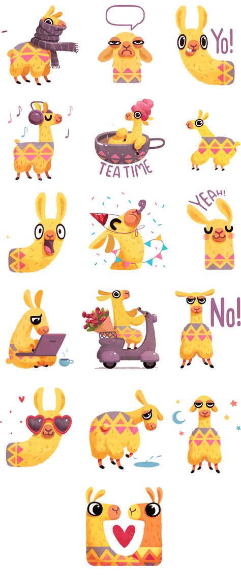 Hipster Llama Sticker Pack on Behance Llama Cartoon Drawing, Lama Character Design, Cute Llama Art, Llama Character Design, Alpaca Doodle, Llama Doodle, Lama Cartoon, Lama Drawing, Animal Character Illustration