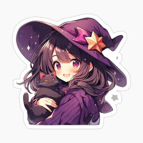 Cute Kawaii Halloween Witch and Her Cat in Purple Pastel Colors by CozyKawaiiArt | Redbubble Cute Girly Sticker, Chibi Witch, Witch And Her Cat, Girly Artwork, Kawaii Witch, Witch Purple, Cute Witches, Nightwing Cosplay, Animated Witch