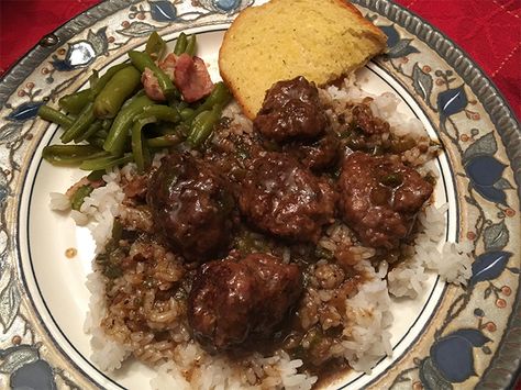 Cajun Meatball Stew Recipe, Cajun Meatballs, Meatball Stew Recipe, Meatball Stew, Rice And Gravy, Meatballs And Gravy, Creole Cooking, Cajun Dishes, Cajun Creole Recipes