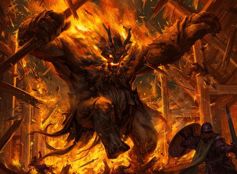 Kaldheim Brings New Artists to Magic - Hipsters of the Coast : Hipsters of the Coast Fire Giant, Fire Giants, Mtg Art, Dragon Rpg, Fiction Idea, 다크 판타지, Fantasy Monster, Creature Concept Art, Wizards Of The Coast